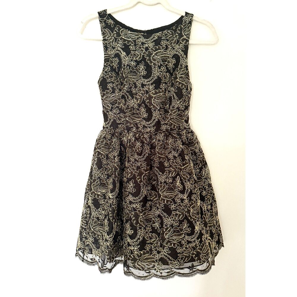 Alice + Olivia Black Gold Jacquard Sleeveless Open Back Party Mini Dress No Sz